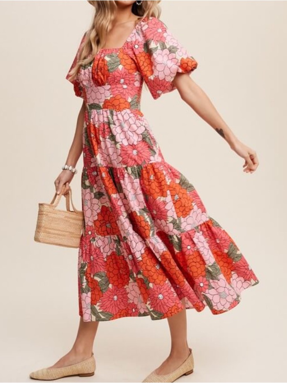 Listicle Boutique Pink Floral Puff Sleeve Square Neck Sundress Dress Medium NWT - Picture 2 of 10